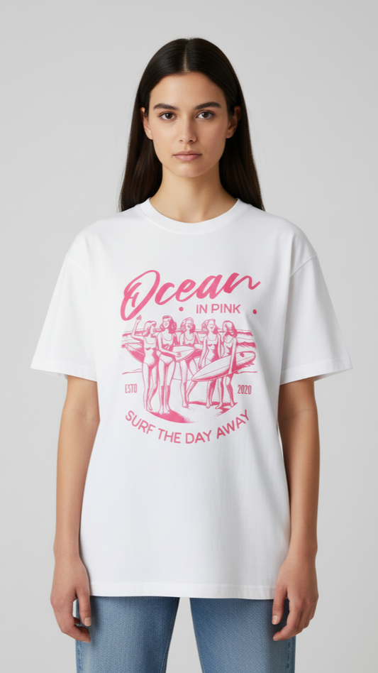 Unisex Oversize Bisiklet Yaka Tişört – ‘Ocean in Pink’ Tasarım