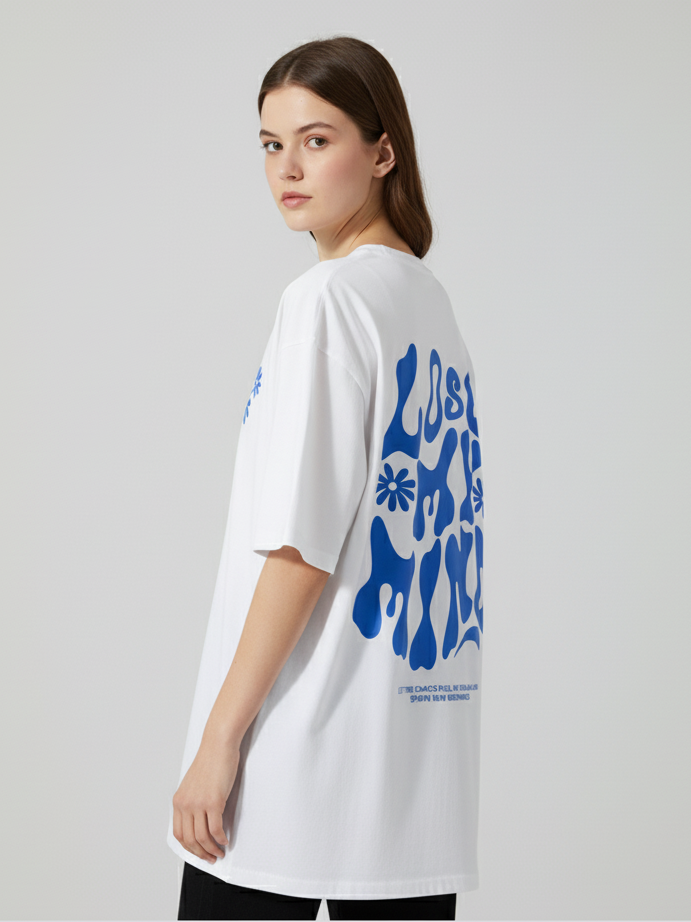 Unisex Oversize Bisiklet Yaka Tişört – ‘Lose My Mind’ Tasarım