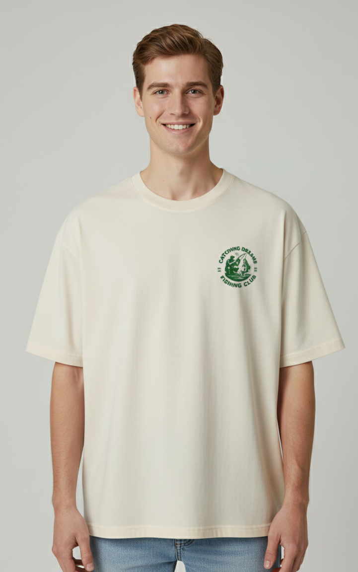Unisex Oversize Bisiklet Yaka Tişört – ‘Fishing Club’ Tasarım