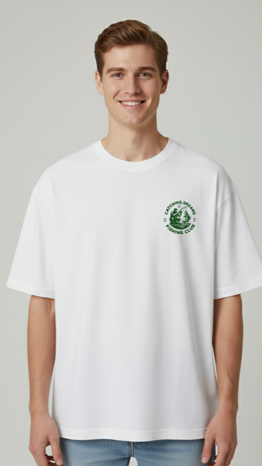 Unisex Oversize Bisiklet Yaka Tişört – ‘Fishing Club’ Tasarım