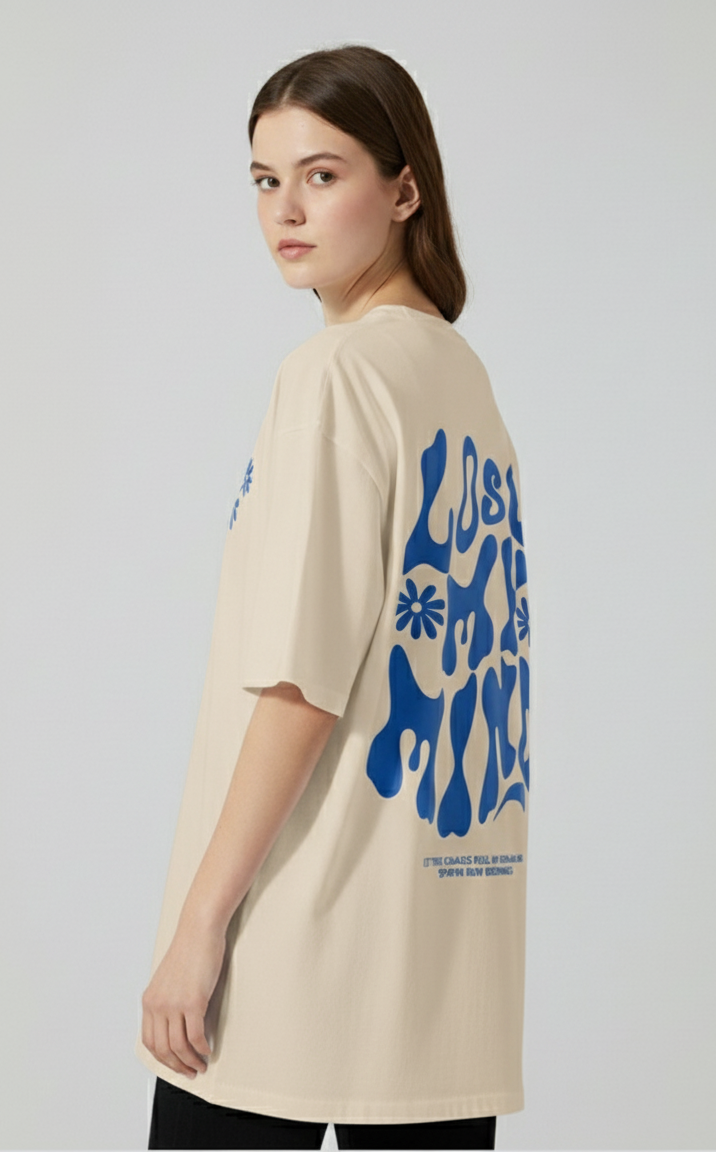 Unisex Oversize Bisiklet Yaka Tişört – ‘Lose My Mind’ Tasarım
