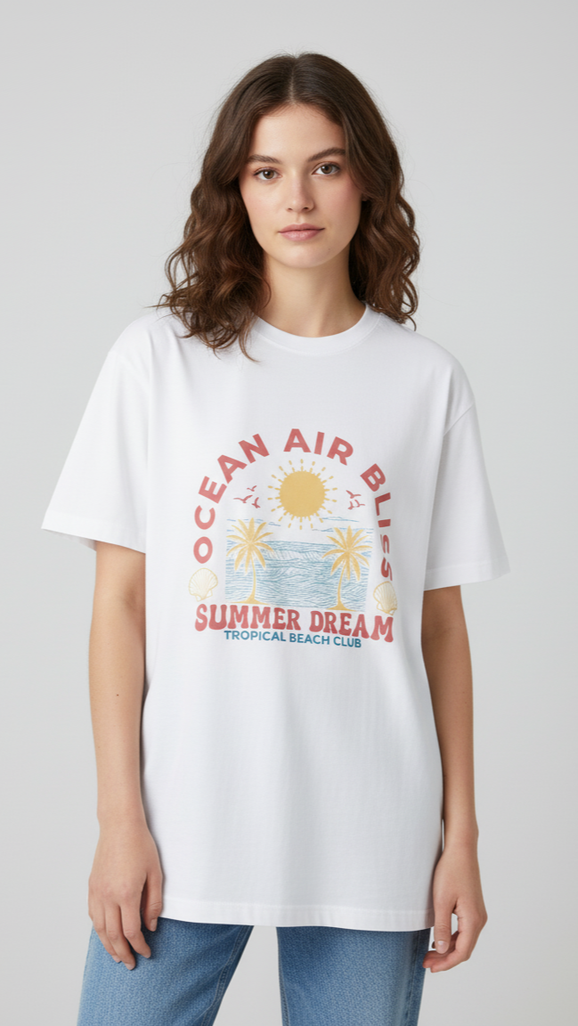 Unisex Oversize Bisiklet Yaka Tişört – ‘Ocean Air Bliss’ Tasarım