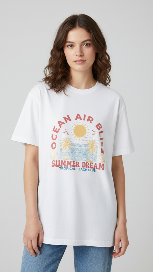 Unisex Oversize Bisiklet Yaka Tişört – ‘Ocean Air Bliss’ Tasarım