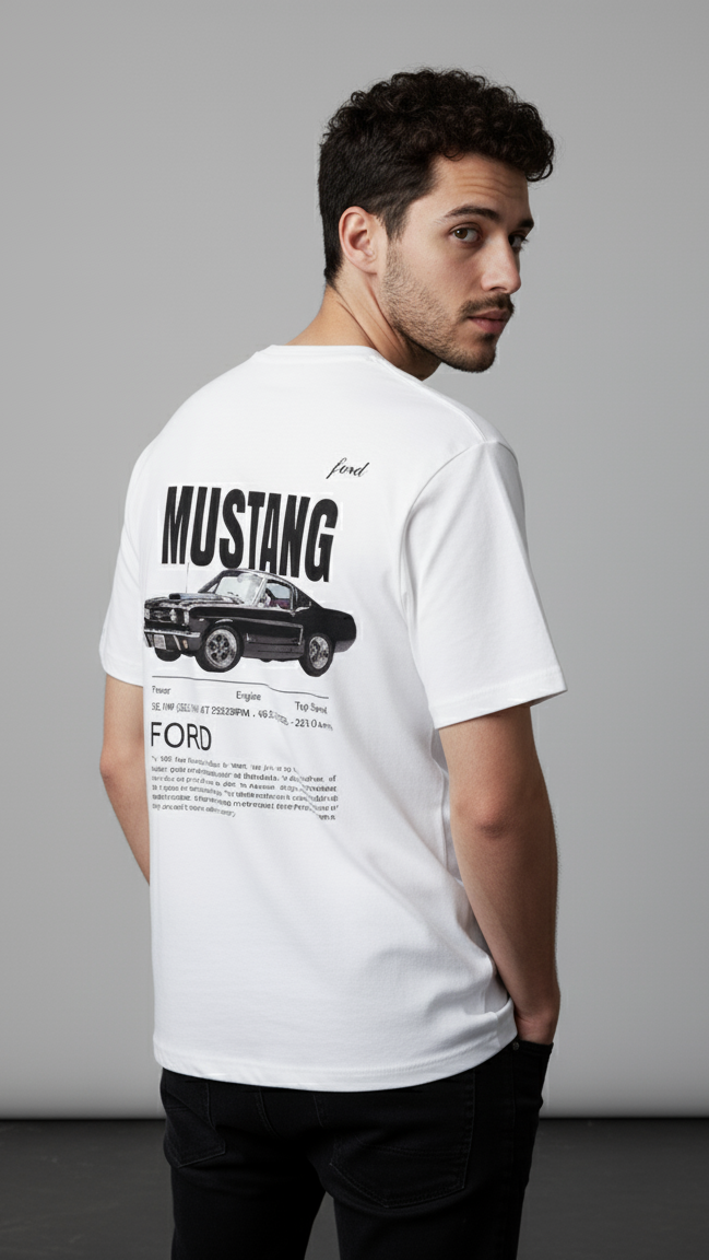 Unisex Oversize Bisiklet Yaka Tişört - ‘Ford Mustang’ Tasarım