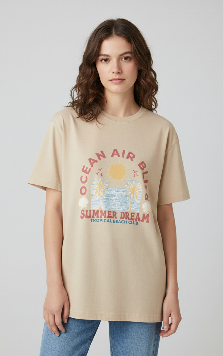 Unisex Oversize Bisiklet Yaka Tişört – ‘Ocean Air Bliss’ Tasarım