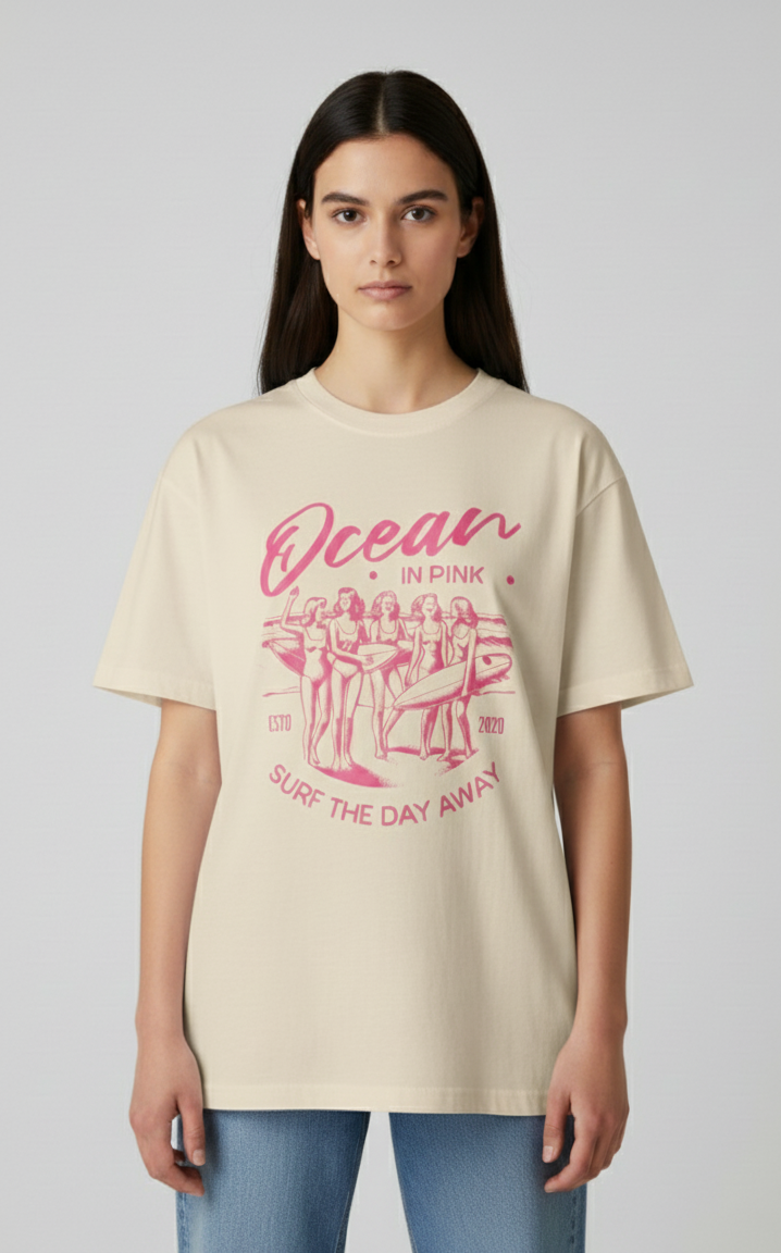 Unisex Oversize Bisiklet Yaka Tişört – ‘Ocean in Pink’ Tasarım
