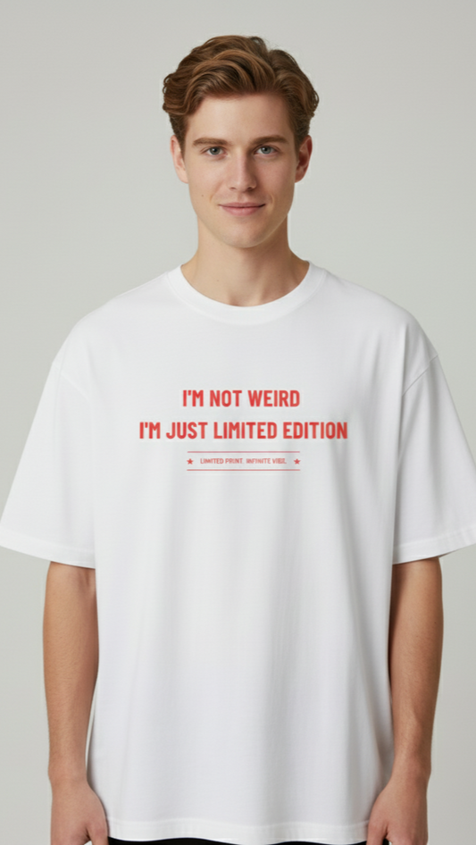 Unisex Oversize Bisiklet Yaka Tişört – ‘I’m Not Weird’ Tasarım